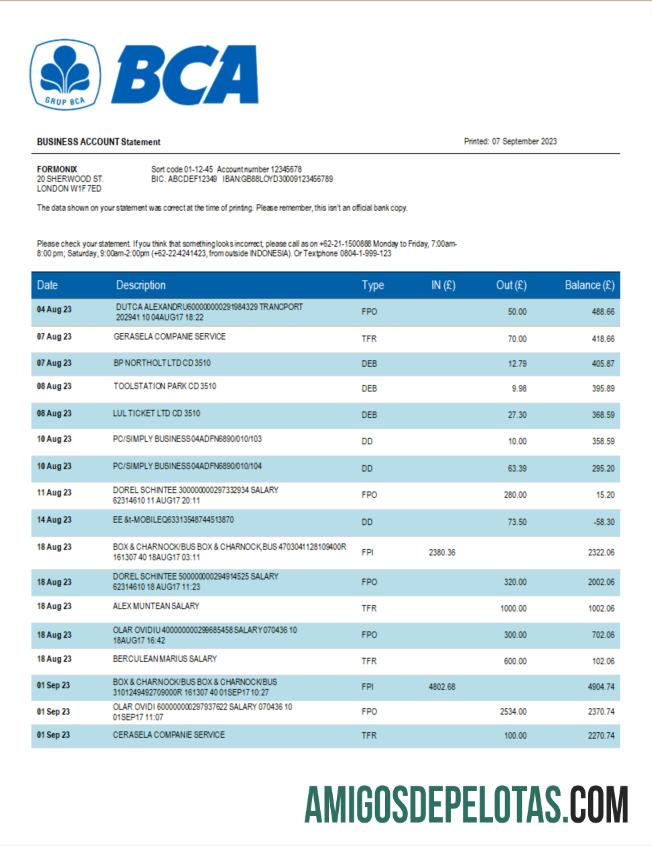 Imprimível Declaração da Organização Bancária do BCA Modelo Word e PDF